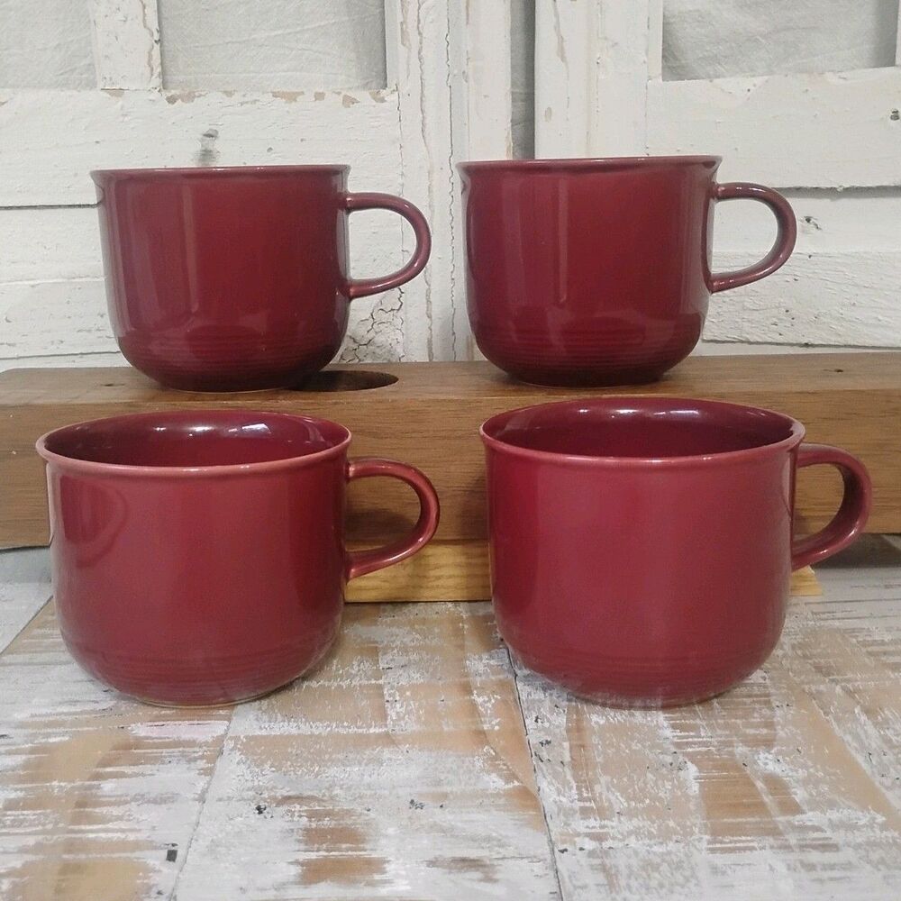Nancy Calhoun Raspberry Red 4 Tea Cup Set Ceramic Stoneware Coffee Mugs Vintage